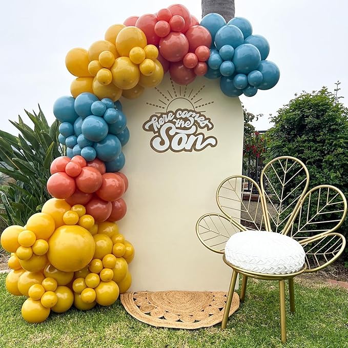 Here Comes the Son Balloon Arch Garland Kit 147Pcs Boho Retro Dusty Blue Burnt Orange Mustard Yellow Balloons for Baby Boy Shower First Trip Around the Sun Sunshine Theme Birthday Party Decorations