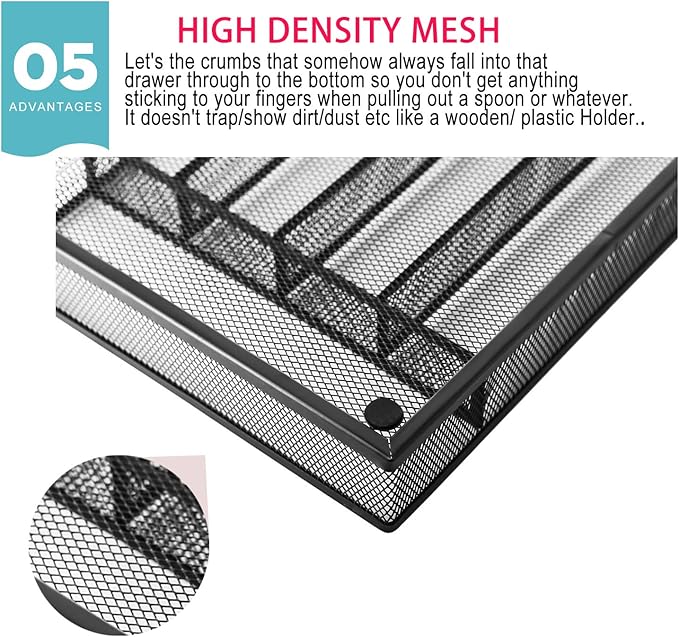 JANE EYRE Utensil Drawer Organizer, Cutlery Tray Silverware Flatware Storage Divider for Kitchen, Mesh Wire with Non-slip Foam Feet, 5 Component, Black