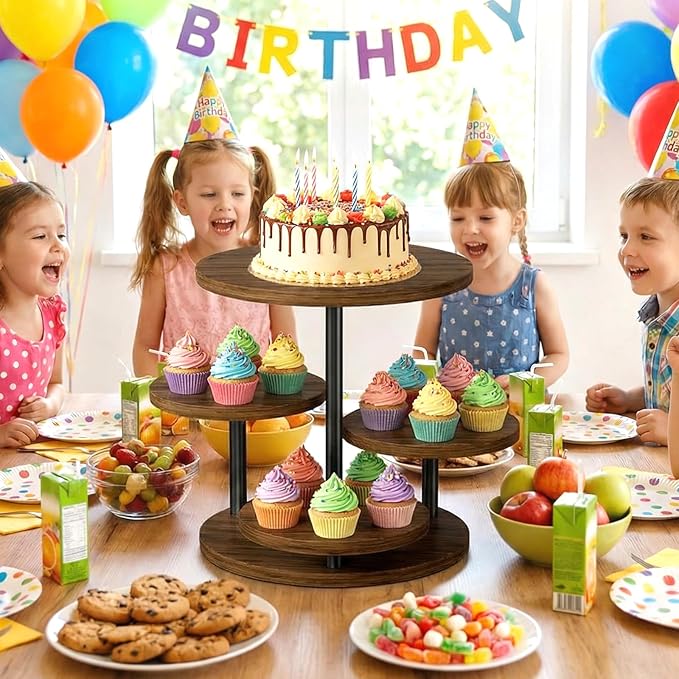 Cupcake Holder for 50 Cupcakes Wood Cake Stand with 4 Tiered Serving Tray 360°Rotating Dessert Stands Round Cookie Trays for Parties Wedding Baby Shower Afternoon Tea Dessert Table, Walnut