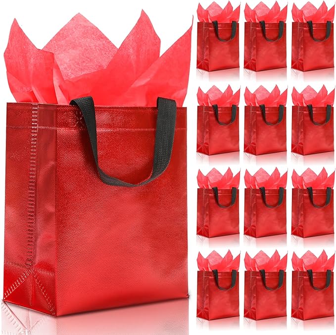KeerxunBag 12pcs Reusable Gift Bags（Includes Tissue Paper） Gift bag with handle Birthdays Parties Holidays Weddings Medium 10x4x8in red Gift Bags