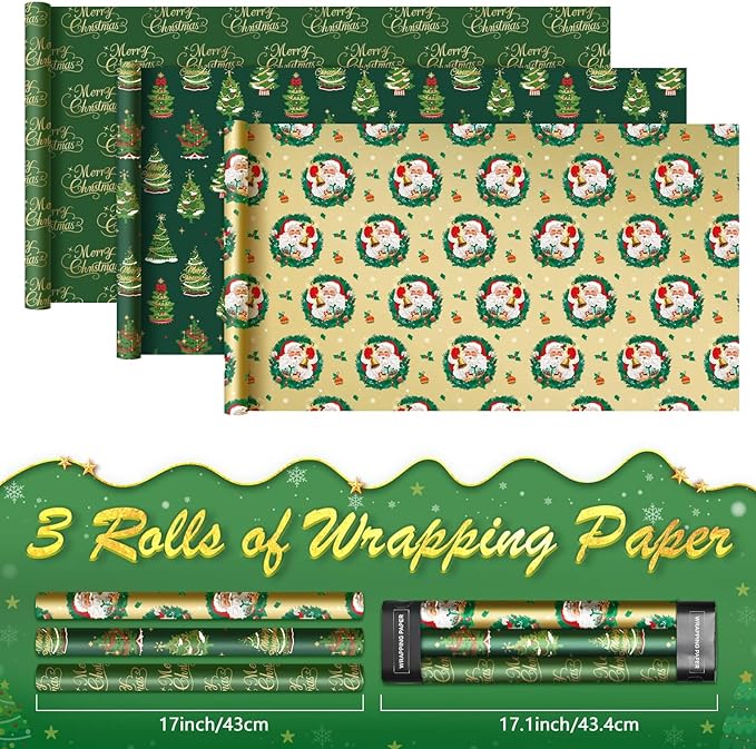WERNNSAI Christmas Wrapping Paper Rolls - 3 Rolls 17”x 120” Kids Santa Wrapping Paper Xmas Gift Wrap Papers Merry Christmas and Xmas Tree Design for Girls Boys Holidays Party Gift Decoration