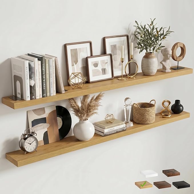 Venusmiles Floating Shelves for Wall, 72 Inch Floating Shelves Set of 2, 6.5" D Wooden Wall Mounted Display Shelves with Invisible Brackets for Living Room, Bedroom, Bathroom, Kitchen Decor, Oak