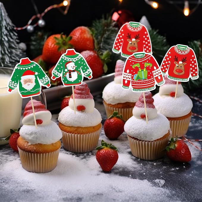 Ugly Sweater Cupcake Toppers, 40 PCS Christmas Ugly Sweater Cupcake Toppers Party Decorations, Christmas Holiday Cake Decoration Food Picks Topper for Xmas Birthday Holiday Party Decorations Supplies