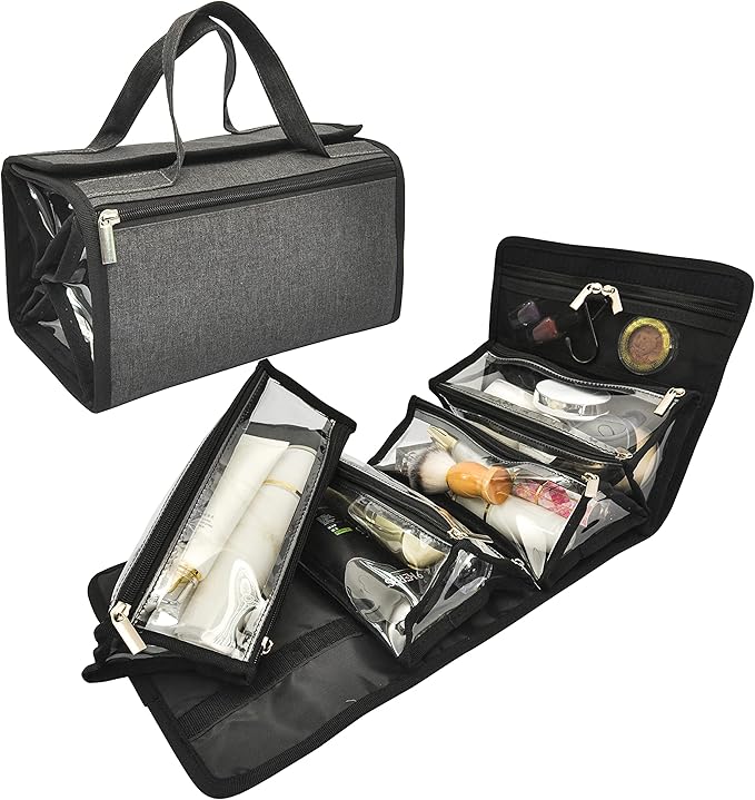 Large Capacity Hanging Eco Polyester Travel Toiletry Bag Makeup Cosmetic Bag 4-in-1 Roll-Up Make Up Storage Organizer With 4 detachable Removable Zipper Clear TPU Pouches & Hook