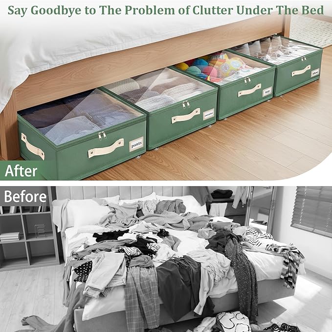 Dolicer 4 Pack Under Bed Storage with Wheels, 6in-10in Height Adjustable Underbed Storage Containers, 92L XXXL Under Bed Drawers Rolling Bin with Clear Lids for Dorm Shoes Clothes Organizers(Green)