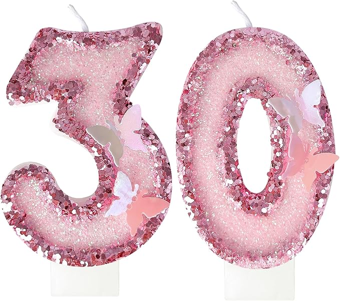 30Th Birthday Candles，Glitter Butterfly Cake Toppers Pink Sequins Wedding Numeral Cupcake Decorations，Suitable for Girl and Boy Wedding Cakes, Party Celebrations, Birthday Decorations (30)