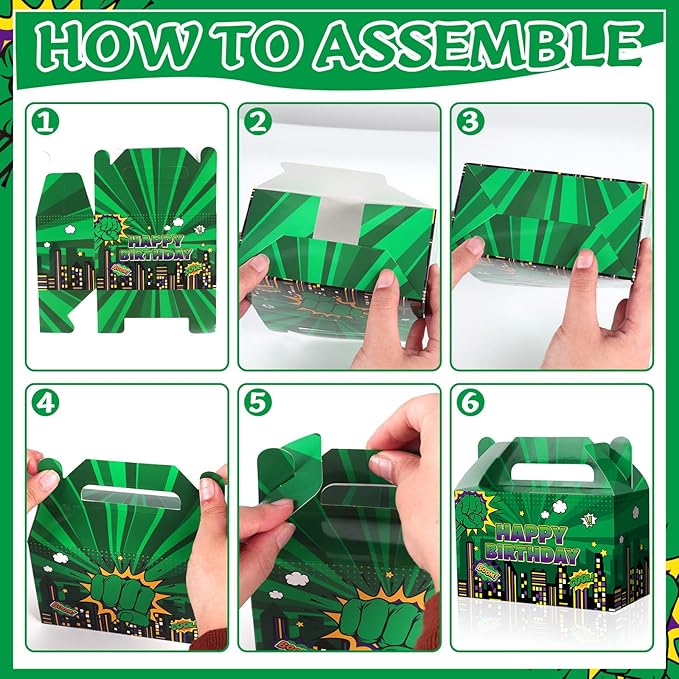 Green Hero Party Decorations Cartoon Green Hero Party Favors Box Super Theme Candy Goodie Treat Boxes for Kids Boys Girls Super Theme Comic City Cityscape Birthday Baby Shower Supplies 24Pcs