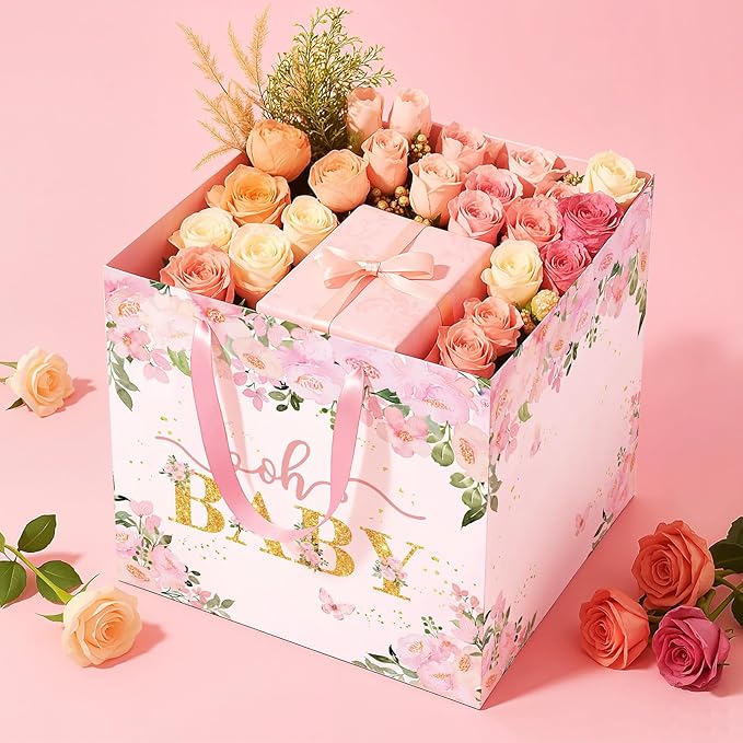 Extra Large Baby Gift Bag, Pink Floral Square Gift Bags Baby Shower Wrapping Paper Bag with Tissue Paper Oh Baby Jumbo Gift Bags for Sweet Baby Girl New Parents Gender Reveal Party Favors