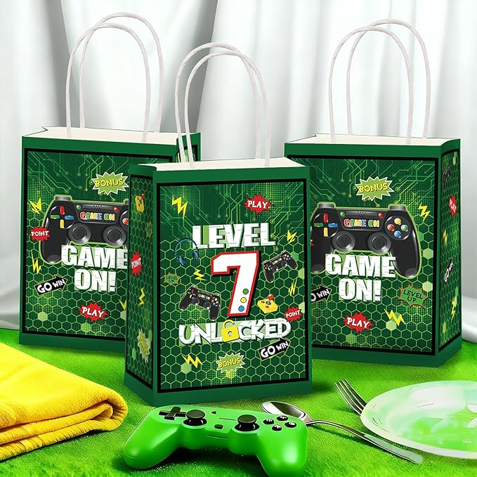 Grencian 16 PCS Video Game 7th Birthday Party Favor Bags Green Video Game Candy Treat Gift Goodie Bags with Handles Level 7 Birthday Decorations for Boys Kids 7 Year Old Video Gamer Party Decorations