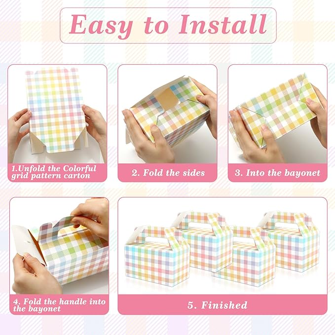 Whaline Gingham Treat Box with Handle 24 Pcs Candy Gable Boxes Spring Easter Goodie Candy Bags Pastel Checkered Plaids Cardboard Gift Box for Birthday Baby Shower Party Favors