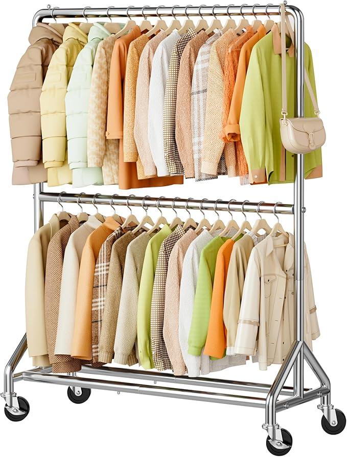 AOODA 50'' W Heavy Duty Clothes Rack for Hanging Clothes, Double Rods Industrial Clothing Rack with Wheels, Sturdy Rolling Garment Rack for Shirts, Coats, Jackets (Silver)