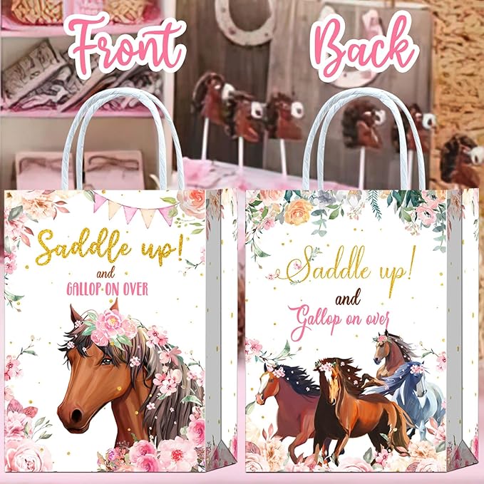 Tyndallrays 16 Pieces Horse Goodie Bags for Cowgirl Horse Birthday Party Supplies,Saddle Up and Gallop On Over Pink Floral Horse Gift Snacks Treat Candy Party Favors Bags with Handles