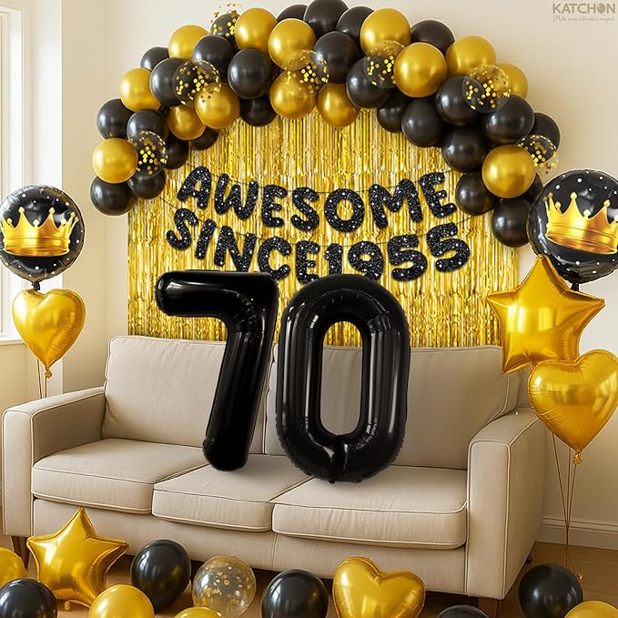 KatchOn, Happy 70th Birthday Decorations - Pack of 50 | Happy Birthday Banner, Latex Balloons Kit, Gold Foil Fringe, Star, Round, Heart Foil Balloons | 70th Birthday Decorations for Men, Women