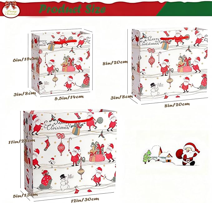 SHIPKEY 12 Pack Christmas Gift Bags, Santa Claus Holiday Paper Bags in 3 Assorted Sizes with Tissue Paper, Reusable Xmas Treat Bags for Gifts, Parties, and Holiday Wrapping