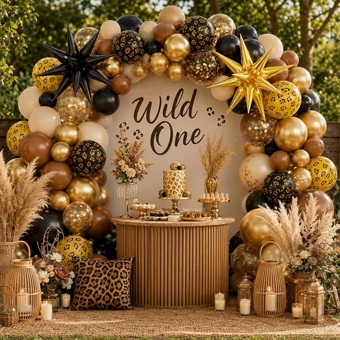 Cheetah Print Balloon, 12 Inch Black Brown Gold Balloons with Leopard Print Balloons Star Foil Balloons Leopard Jungle Animal Decorations for Cheetah Theme Birthday Cherry Vintage Party Supplies