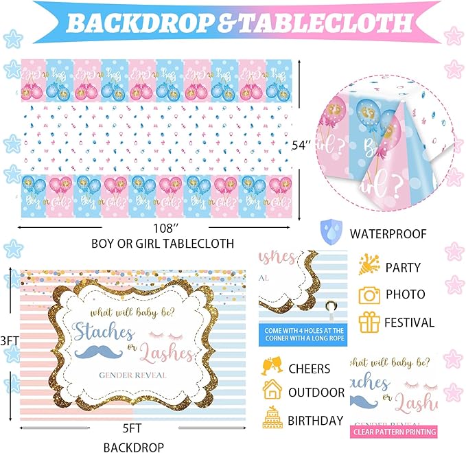 Hombae Staches or Lashes Gender Reveal Decorations, 169 PCs Boy or Girl Gender Reveal Decorations Backdrop Balloon Garland Banner Tablecloth Cake Cupcake Topper Box Cutout Poster Sash Pink Blue