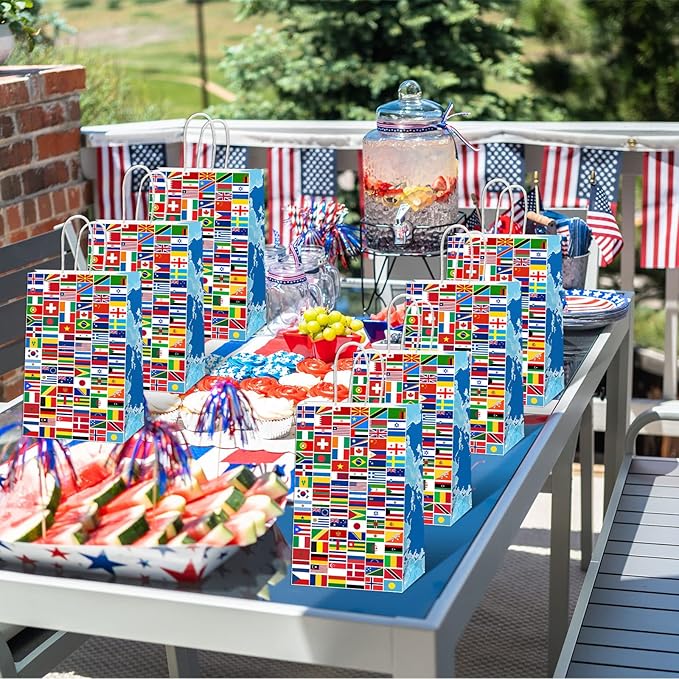 gisgfim 12 Pieces World Country Flags Party Favor Bags International Birthday Goodie Candy Treat Paper Bags Travel Trip Around The World Party Supplies Decorations for Baby Shower Birthday Gifts