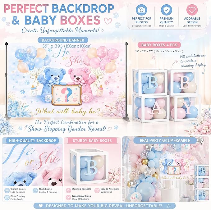 Baby Gender Reveal Decorations Kit, Bear Theme Balloon Garland with Backdrop, 136 PCS He or She Gender Reveal Party Supplies With 4Pcs Baby Boxes for Pink and Blue Baby Shower