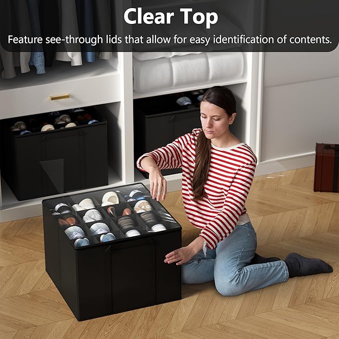 SUOCO 2 Pack Shoe Organizer for Closet, Fits up to 32 Pairs, Small Space Shoe Storage Boxes Bins Containers w/Adjustable Dividers and Clear Top, Black