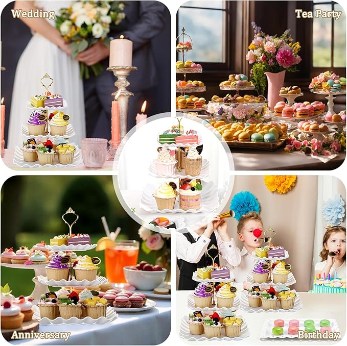 9 Pcs Cake Stand Plastic Dessert Table Display Set, 3 Pcs 3-tier Cupcake Stand Tower Holder and 6 Serving Tray for Tea Party Baby Shower Decorations