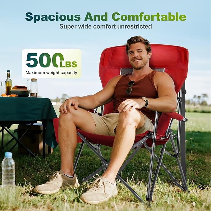 ALPHA CAMP Oversized Folding Camping Chairs for Adults High Backrest Heavy Duty Lawn Chairs Support 500 LBS Portable Camp Chairs with Cup Holders Large Side Pocket Outdoor Chair 2 Pack