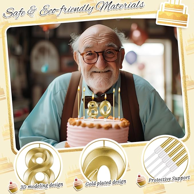 Mtlee Gold 80th Birthday Candles Set for Cakes Including Thin Metallic and Number Birthday Candles for Anniversary Celebration Party Topper Decorations Men Women