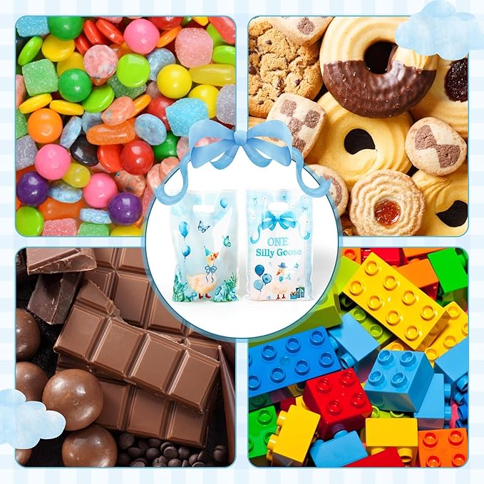 ANGOLIO One Silly Goose Party Favor Bags, 50Pcs Summer Blue Bow Silly Goose Goodie Candy Treat Plastic Gift Bags, Flowers Balloon Themed Party Supplies Birthday Baby Shower Wedding Gifts for Boy Girl