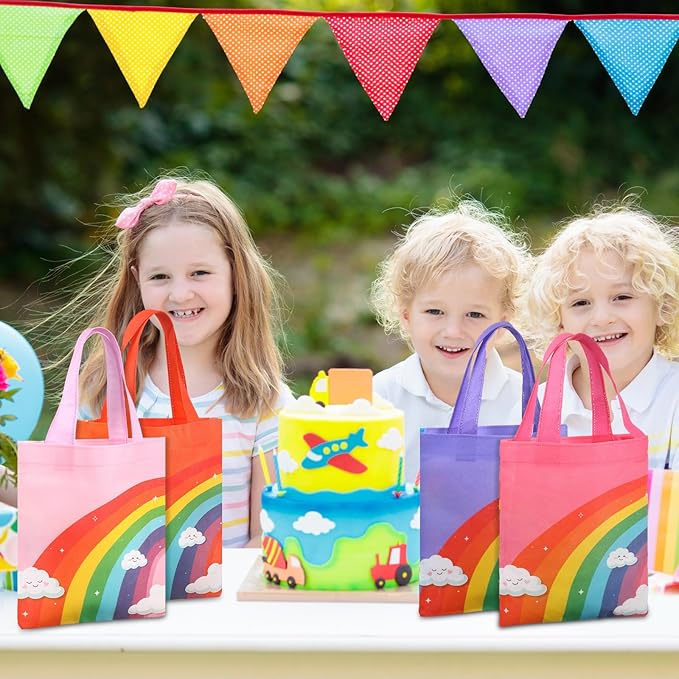 Kajaia 32 Pcs Rainbow Party Favor Bags Rainbow Goodie Bags Reusable Non-woven Pouches with Handle for Baby Shower Birthday Party Supplies, 8 Colors