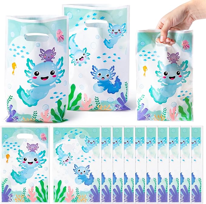 3sscha 50Pcs Blue Axolotl Party Favor Bags - Amphibian Themed Waterproof Goodie Bag with Die Cut Handles Reptile Animals Water Plants Plastic Gift Pack for Kids Birthday Baby Shower Decors Supplies