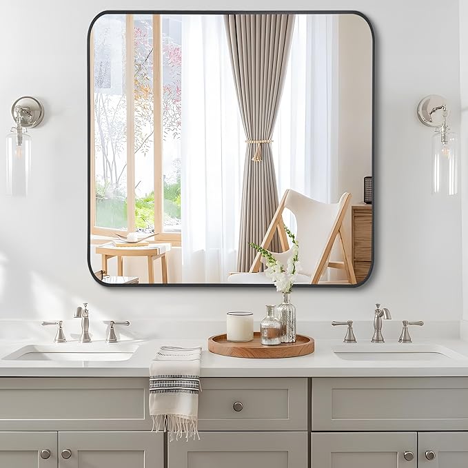FORBATH Bathroom Mirror 36" x 36"，Large Square Wall Mirror with Black Aluminum Frame Rounded Corner, Wall Mounted Mirror for Bathroom Bedroom Entryway Living Room
