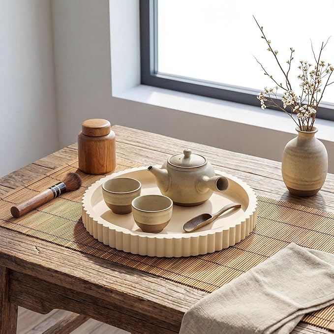 Yalikop Round Concrete Decorative Tray for Coffee Table Decoration 12" Modern Cream White Table Centerpieces Decorative Ottoman Tray for Serve Home Decoration Accent Bandejas Decorativas Gift