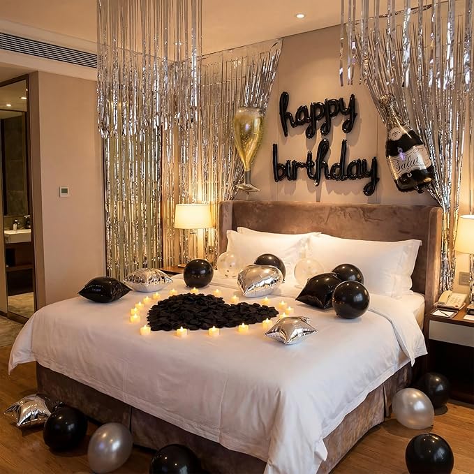Realspring 120 Pcs Happy Birthday Decorations Set Balloons Letters Banner with Candle LED Light Champagne Bottle Wine Glass Rose Petals for Birthday Party Room Decor(Black and Sliver)