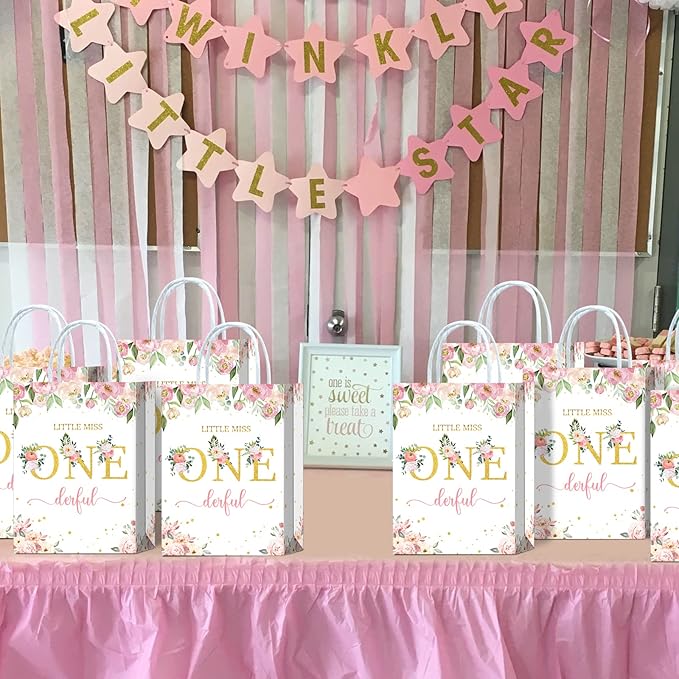 Tyndallrays 16 Pieces Miss Onederful One First Birthday Party Favors Bags,Onederful 1st Birthday Girl Gift Snacks Treat Candy Party Favors Bags with Handles for Girls 1st Birthday Party Decorations