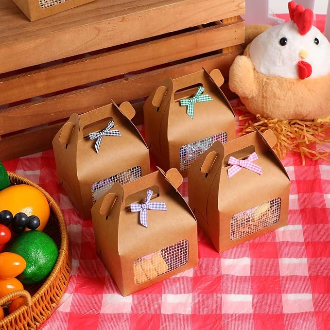 Maitys Chicken Birthday Party Favor Boxes Farm Animal Foldable Chicken Box with Raffia Grass Bow Paper Treat Goodie Boxes for Adopt Chick Party Birthday(Classic,3.94'' X 3.35'' X 3.15'',24 Pcs)
