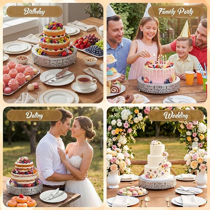 Wenqik 12 Inch Silver Cake Stand Set Metal Round Cupcake Dessert Stand with Cake Cutting, Spatula Wedding Cupcake Pastry Display Candy Holder Display for Wedding Party Birthday Baby Shower (Flower)