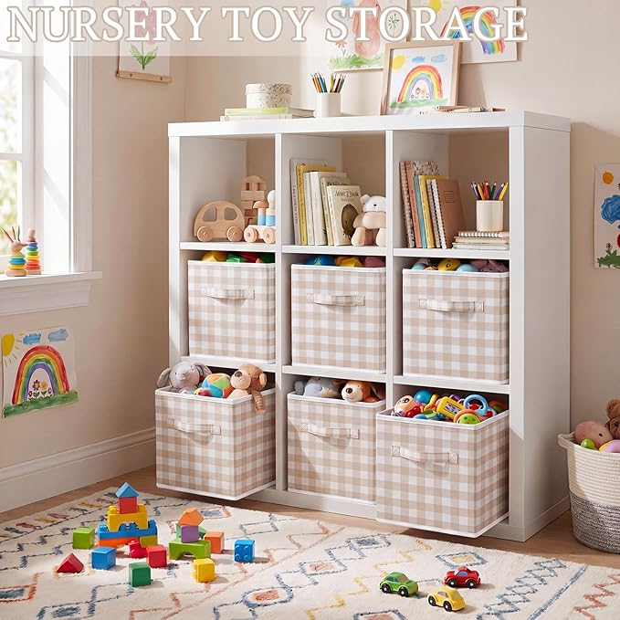 Yalikop 6 Pcs Beige Checkered Cube Storage Bins, 11 Inch Fabric Gingham Classroom Storage Bins Organizer with Handle Preppy Collapsible Cubby Basket for Classroom Home Nursery Playroom Bedroom