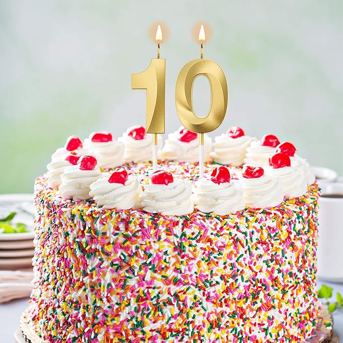 BBTO Birthday Candles Number Candles Cake Topper Decoration for Birthday Wedding Anniversary Celebration Supplies(Gold,10th)