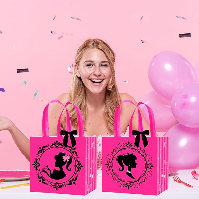 C L cooper life 12pcs Hot Pink Girl Party Gift Treat Bags with Handles Pink Girl Grocery Shopping Bag Princess Theme Non-Woven Bags for Girls Birthday Party Ladies Bachelorette Party Supplies