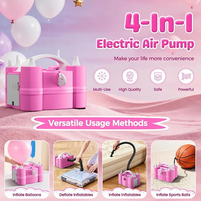 Keaibuding Electric Balloon Pump, 4-in-1 Balloon Blower with Triple Inflating Ports for All Balloons, Air Pump for Sports Balls, Inflator& Deflator for Inflatables (Dust-Proof Storage Bag Included)