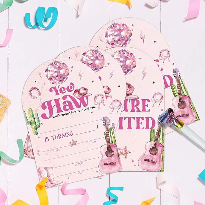 Retro Disco Birthday Party Invitations, Pink Cowboy Theme Birthday Invitation for Girls, 20 Pink Dance Disco Invitations Cards with Envelopes, Party Decorations Supplies (arch)