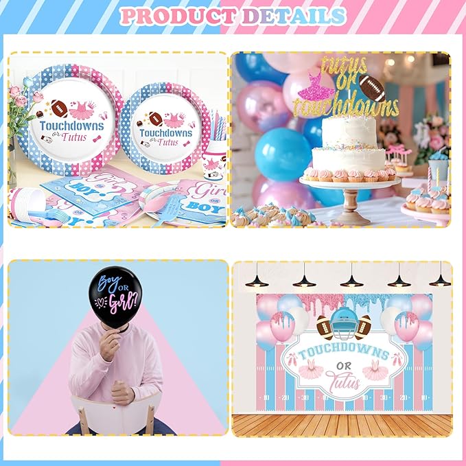 Touchdowns or Tutus Gender Reveal Decorations, Pink Blue Boy or Girl Party Supplies Backdrop Banner Balloon Garland Tablecloth Cake Topper Plate Napkin Cup Straw Knife Spoon Fork Sash 230 PCs