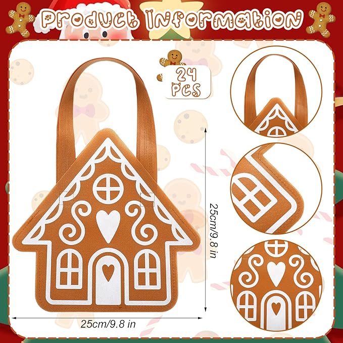 SilTriangle 24 Pcs Christmas Non-woven Gingerbread Bag Party Gift Gingerbread House Shaped Favors with Handles Tote Treat Goodie Candy Bags for Xmas Theme Party Reusable Supplies