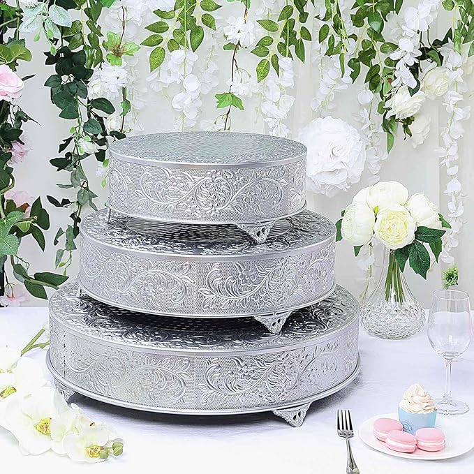 Efavormart 18" Silver Round Embossed Metal Cake Plateau Stand, Wedding Dessert Table Display Riser
