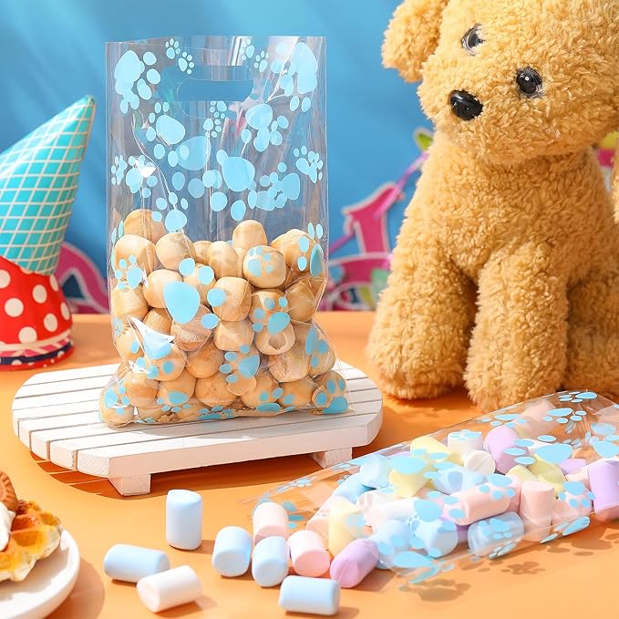 Pasimy 100 Pcs Dog Paw Gift Bags Bulk Pet Paw Puppy Plastic Treat Favor Candy Goodie Bags with Handle for Dog Birthday Party Decoration Supplies(Clear Blue)