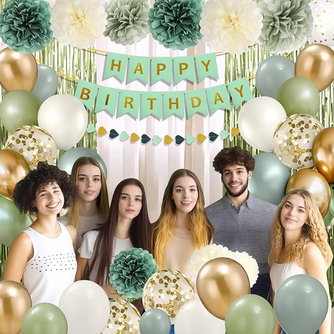 Sage Green Birthday Decorations for Women, Happy Birthday Party Decorations, Happy Birthday Banner, Green Balloons, Foil Fringe Curtains, Tissue Paper Pompoms, Heart Garland, Party Decor for Girls