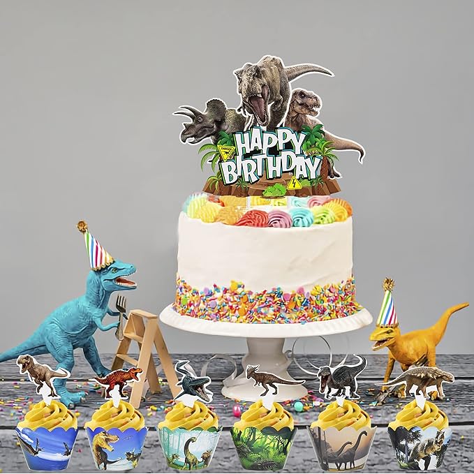 Dinosaur Cake Toppers & Decorations - 49 Pcs, Cupcake Wrappers, Baby Shower & Kids Party Supplies