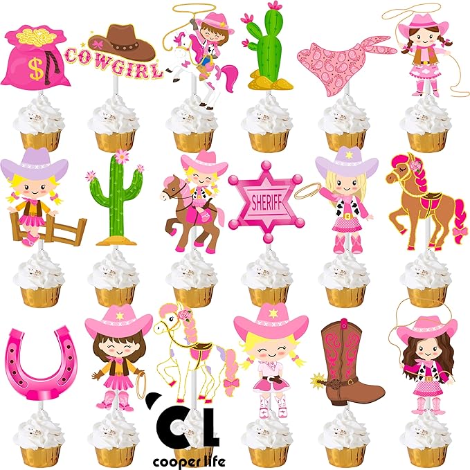 36Pcs Cowgirl Cupcake Toppers Western Theme Cake Decorations Pink Cowgirl Cupcake Toppers for Western Cowgirls Birthday Party Baby Shower Supplies