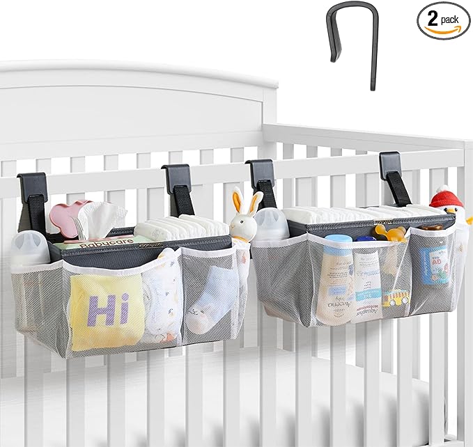 2-Pack Hanging Diaper Organizer for Crib, Playpen, Bassinet | Hold 50+ Diapers, Baby Diaper Caddy for Changing Table, Washable Newborn Essentials Organizer with Hook Straps, Ideal Baby Shower Gifts