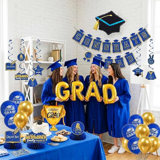 Royal blue Gold Balloons GRAD Print Balloons with Banner Table Honeycomb Centerpieces Hanging Swirl Graduation Cap trophy GRAD Letters Mylar Balloons for 2026 graduate Prom Decorations