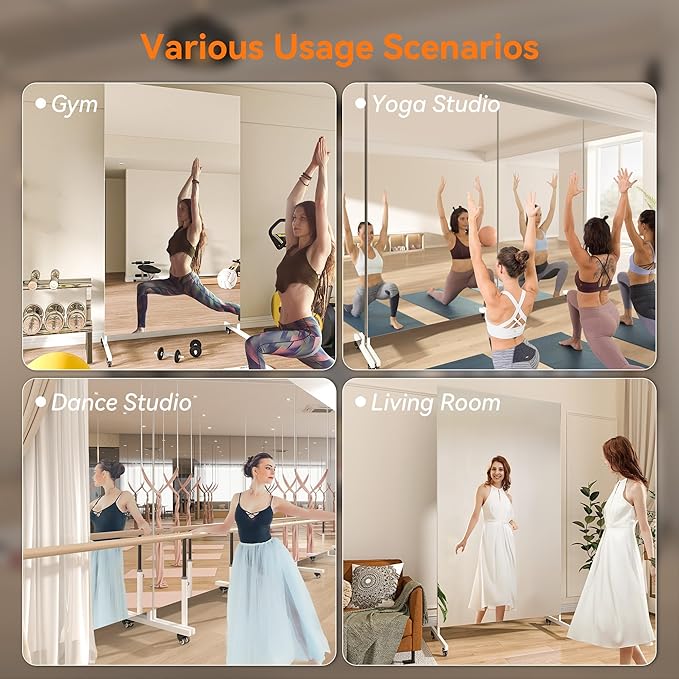 Hasipu Home Gym Mirror 360° Swivel on Wheels, 71" x 24" Extra Large Full Body Rolling Mirror for Yoga Studio, Bedroom, Dancing Studio, White